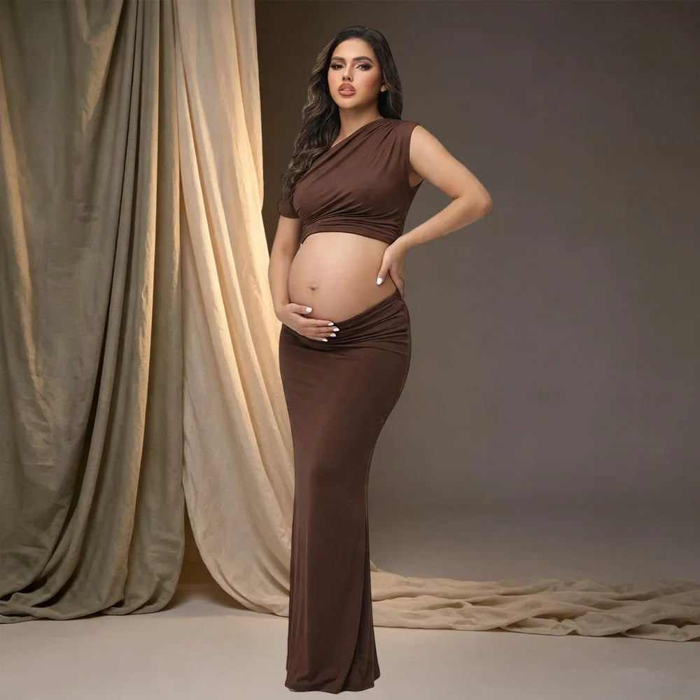 Summer 2 Piece Set Maternity Women's One Shoulder Sleeveless Photography Outfits Cutout Maxi Gown for Baby Shower Photoshoot