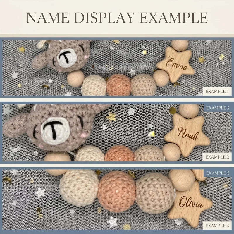 Personalized Baby Pacifier Clip with Name – Crochet Bear Wooden Star Teether Holder