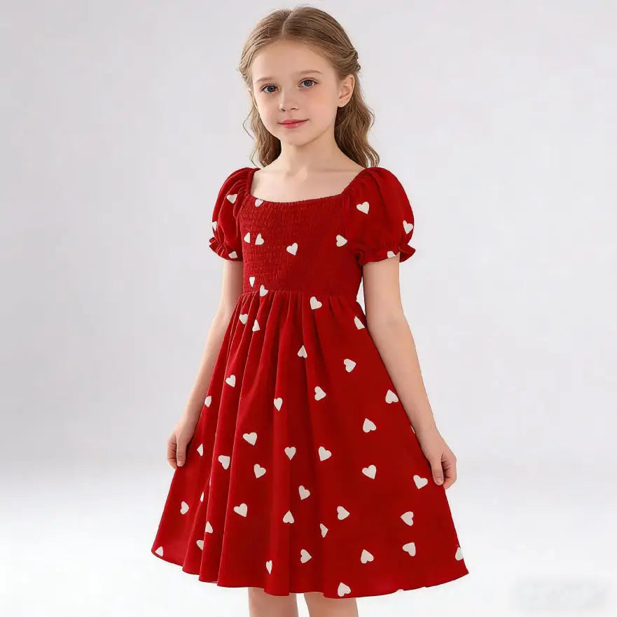 Girls Heart Print Puff Sleeve Dress – Summer Bow Princess Dress for Kids Ages 2-8, Cute Toddler Party & Daily Wear