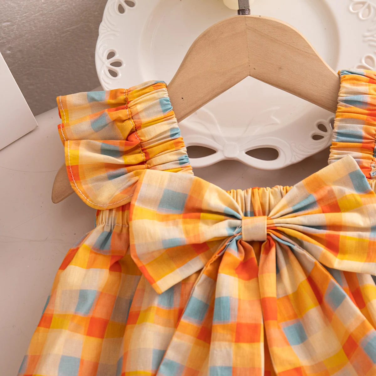 Korean Style Toddler Holiday Sets Summer Comfortable Cotton Orange Bow Plaid Suspender Tops And Breathable Baby Girl Shorts