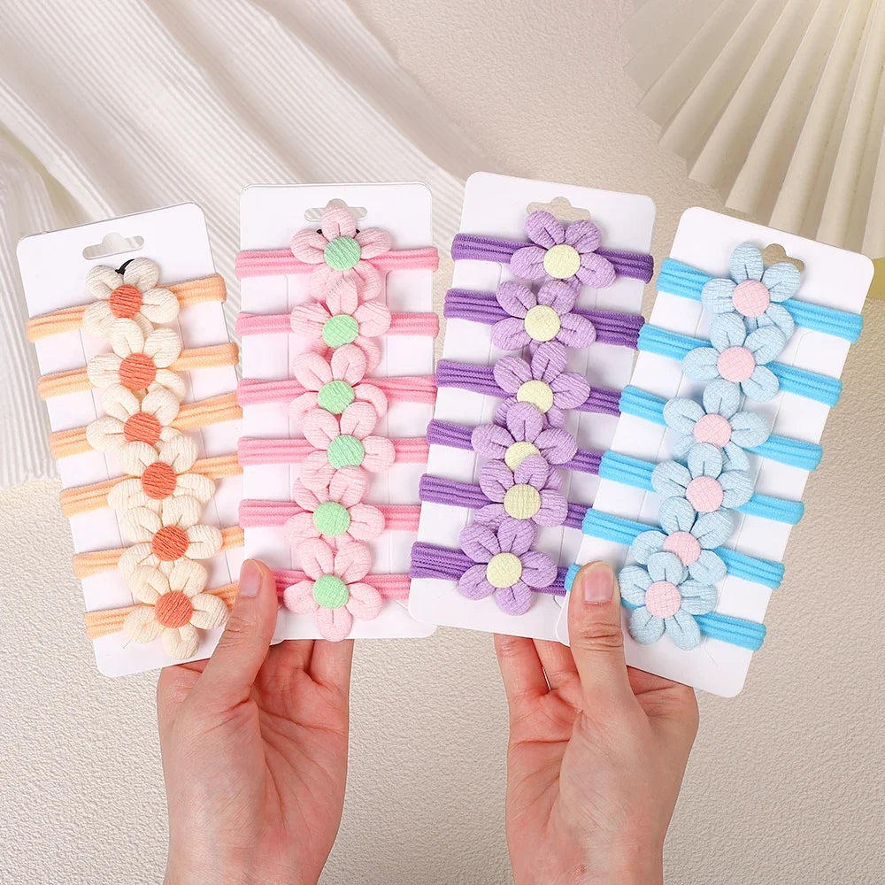 10Pcs/Lot Girls Headbands Flower Hair Strap Horsetail Head Rope Kids Braided Towel Ring Accessories