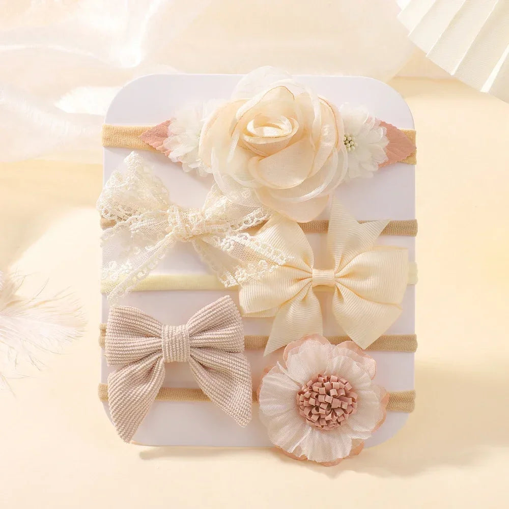 5Pcs Baby Flower Lace Bow Headband Elastic Nylon Newborn Head Band for Girl Infant Toddler Soft Hair Accessories Set