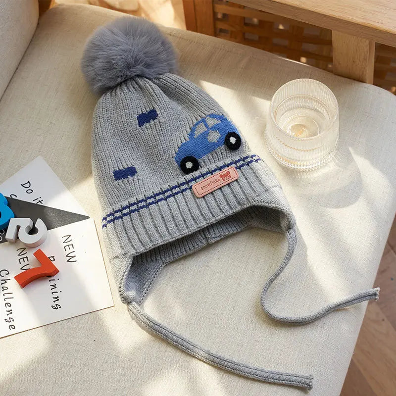 Winter Baby Boy Hat with Earflap Fur Ball Knitted Kids Beanie Caps Toddler Bonnet Hats Infant Accessories Fleece Lining 1-4Y