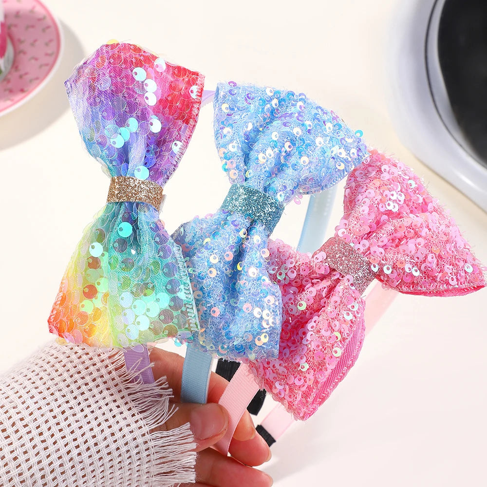 3Pcs Cute Sequin Hair Bows Headbands 3.6'' Glitter Bows Hairbands for Women Girls Children Hairhoops Hair Accessories Gifts