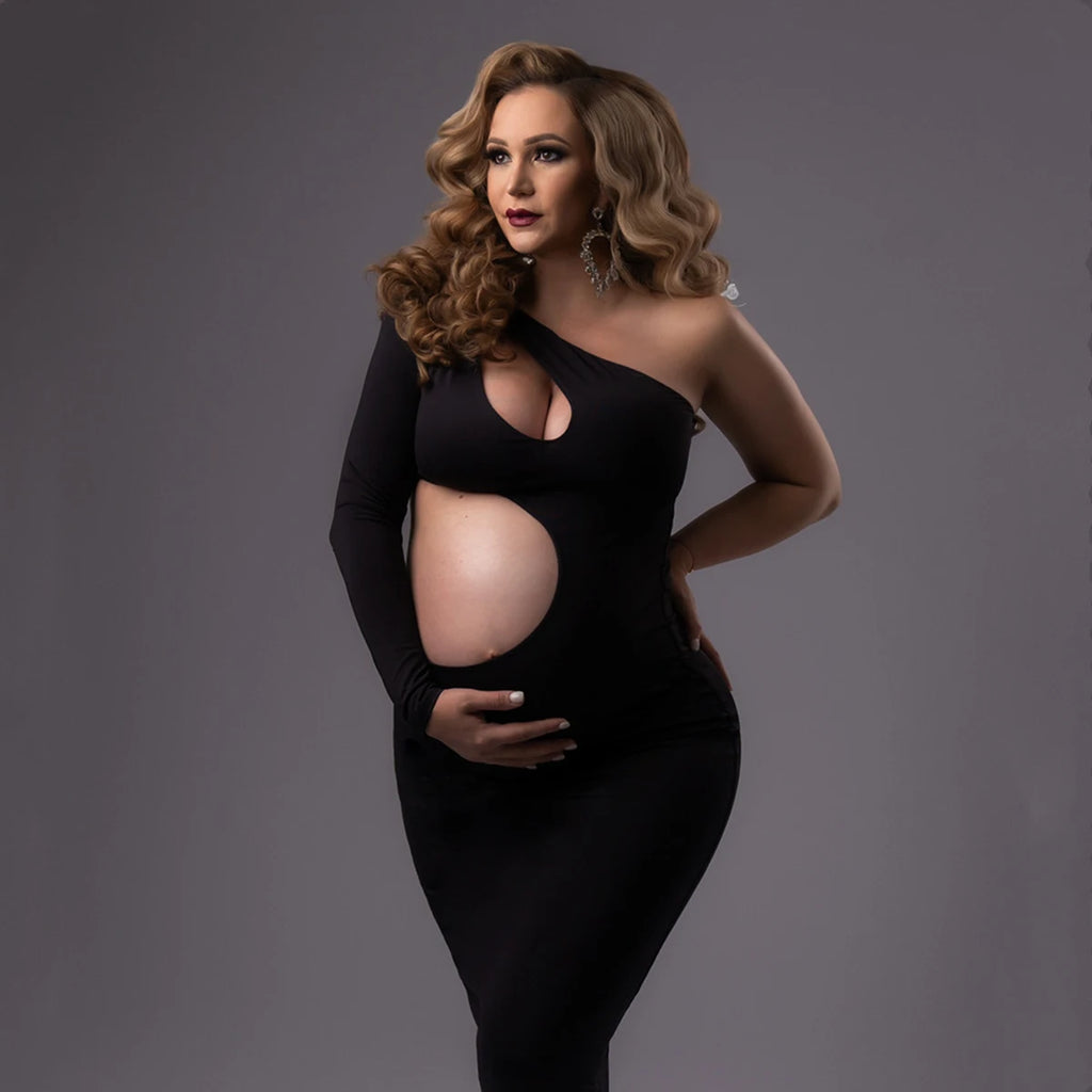 Maternity One Shoulder Long Sleeves Belly-revealing Maxi Dress Baby Shower Gown For Photoshoot