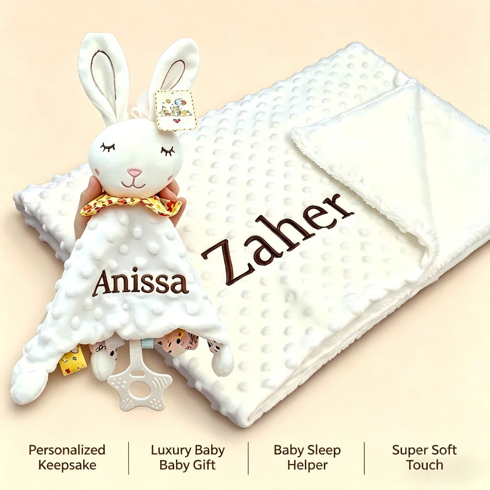 Personalized Newborn Baby Blanket with Name Custom Dot Minky Stroller Swaddle Set Security Towel Baby Shower Gift for Infant Boy