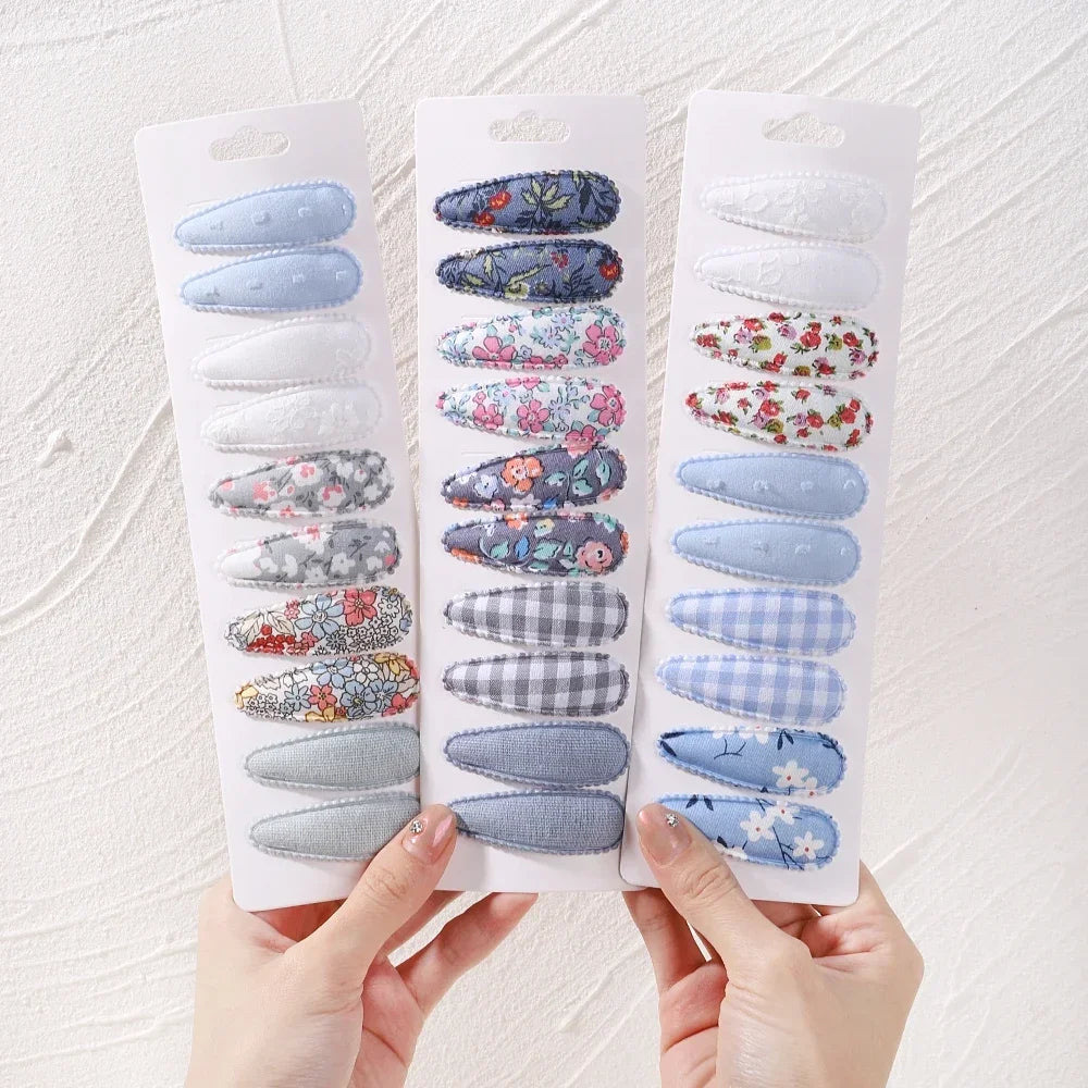 10pcs/set Baby Kids Fresh Print Cotton Alloy Hair Clips Fabric Plaid BB Hairpins Toddler Hairgrips Headwear Hair Accessories