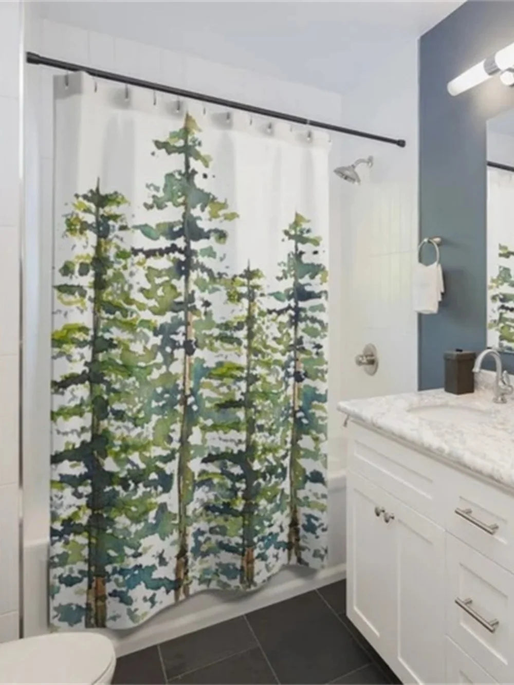 3D Digital Printed Shower Curtain, Thickened Waterproof Bathroom Curtain, Evergreen Tree Pattern Shower Curtain, Abstract Watercolor Tree, Waterproof and Anti-Fog Shower Curtain, No-Drill Set Bathroom Curtain