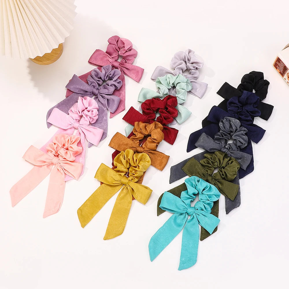 10Pcs Random Color Hair Band Elastic Bowknot Rubber Band Solid Color Headrope High Ponytail Leather Band