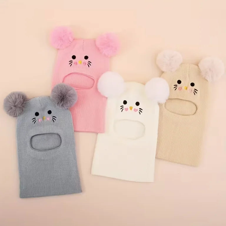0-3Y Kids Balaclava Toddler Beanie Double Balls Baby Cat Stretchy New Born Girls Boys Beanies Winter Hats for Cold Weather Gear