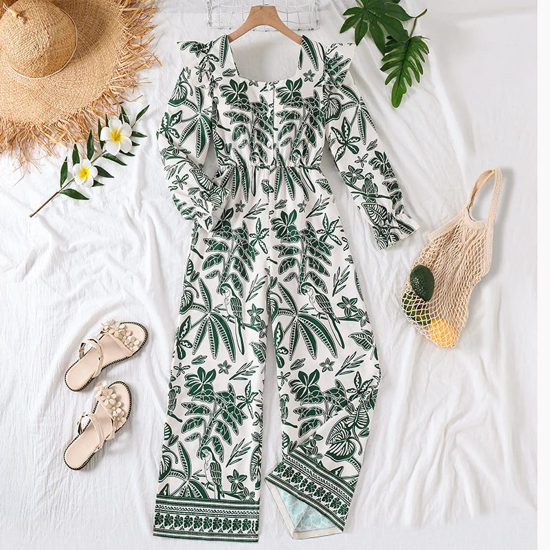 Teen Girls Botanical Print Jumpsuit, Back Big Bow Flared Cuff High Waist Loose Straight Long Casual Playsuit