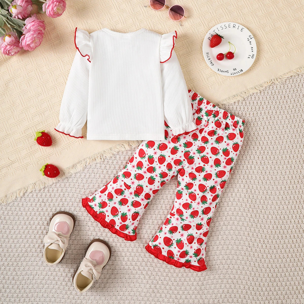 Baby Girl Set Strawberry Printed Long Sleeve+Bellbottom Pants Fashion Set for 0-3 Year Female Baby Spring Autumn Leisure Set