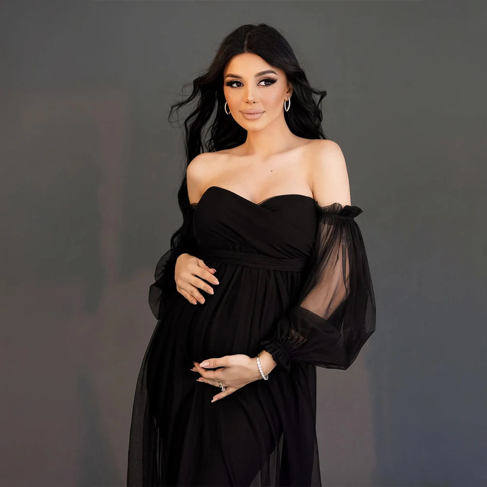 Women's Maternity Sweetheart Puff Sleeve Baby Shower Dress for Photoshoot Pregnant Tull Photography Party Gown
