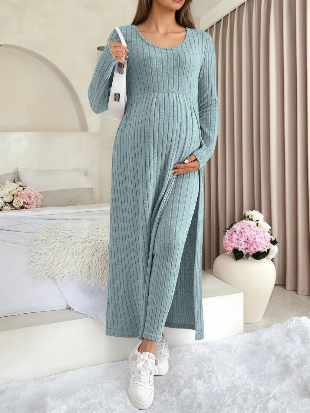 Maternity Women's Two Piece Sets and Outfits Long Sleeve Soft Ribbed Longline Casual Home Lounge Pants Set