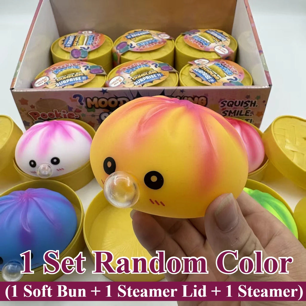 Kawaii Bubble Blowing Bun Squishy Set, Soft Baozi Squeeze Toy with Steamer Lid Base, Rising Stress Ball Funny Fidget Toy Kids