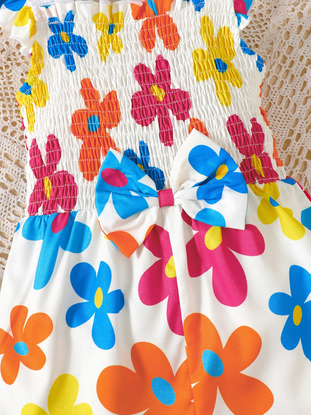 Girls Floral Print Jumpsuit with Puffy Sleeves And Butterfly Knot Lace Hem for Summer Outdoor Scenarios