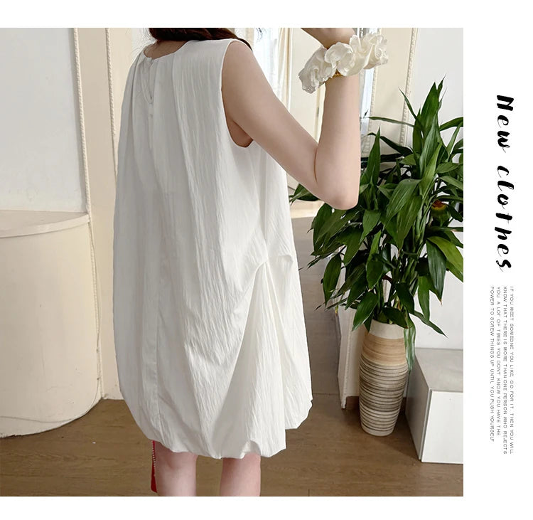 Korean Style Maternity Mini Dress Sleeveless White Pregnant Woman Bud Dress Fashion Short Lady Loose Fashion Dress with Bowknot