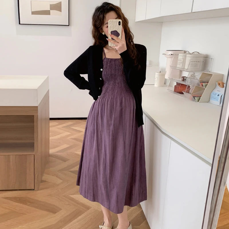 2026 Spring Maternity Dress Suits Long Sleeve Cardigans Strap Dress Twinset Pregnant Woman Clothing Set