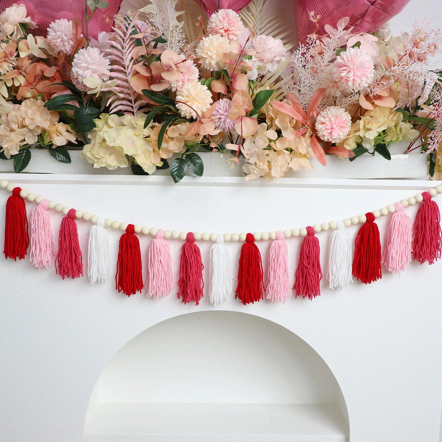 Bohemian Wooden Bead Garland with Red Tassels - Wall Decoration