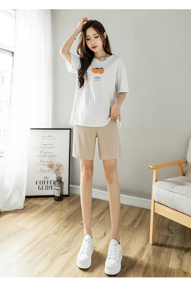 Summer Korean Style Pregnant Woman Ice Silk Shorts Knee-length Adjustable Waist Solid Color Maternity Wide Legs Straight Shorts