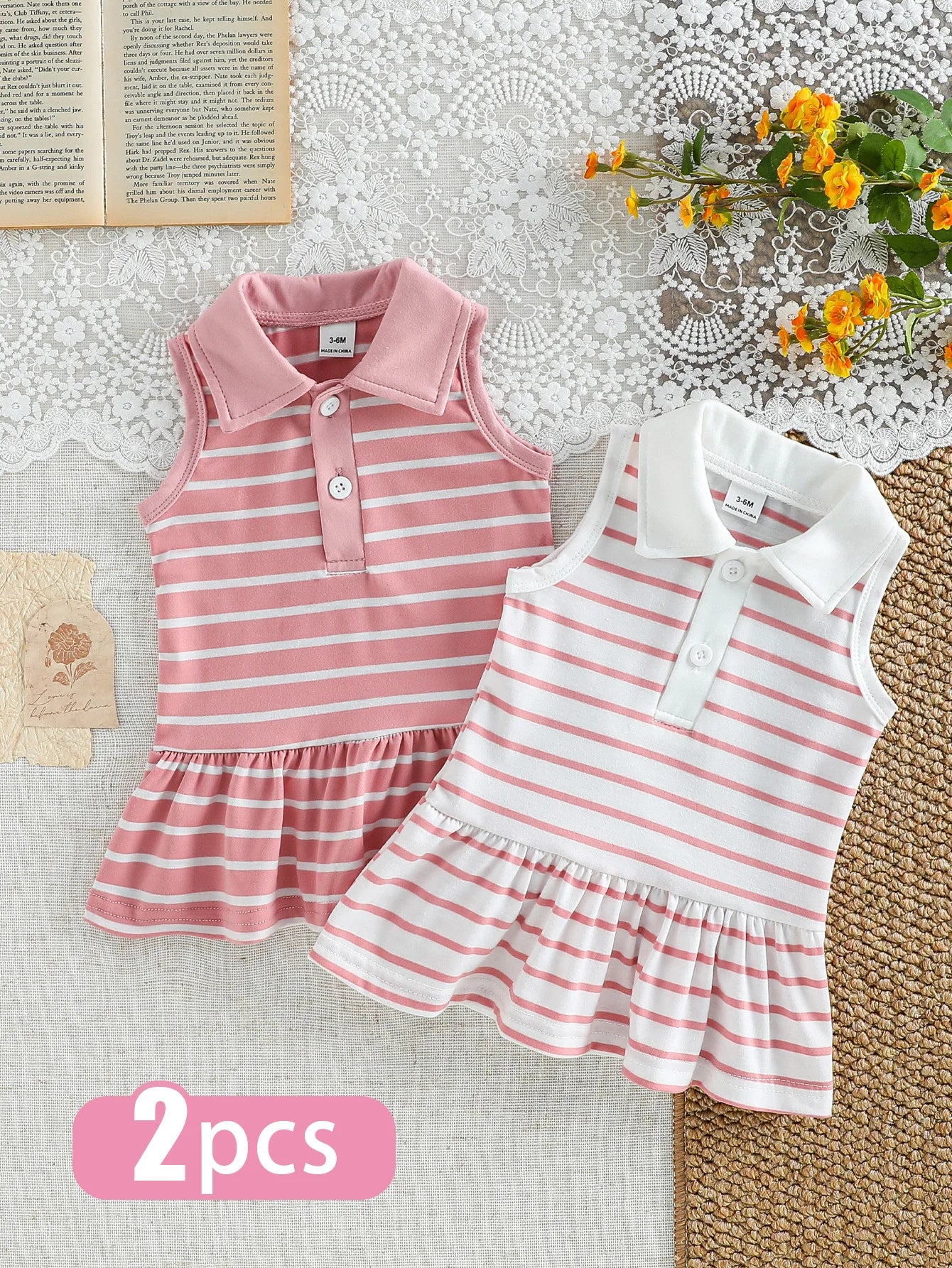 Summer Striped Polo Dress Two-Piece Set, Breathable Sleeveless Design with a Fresh and Adorable Style, Perfect for Baby Girls’ O