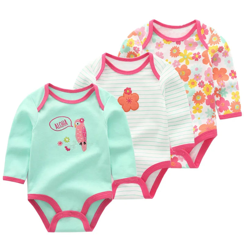 Kiddiezoom 3 Pcs/Lot Spring Autumn Cartoon Long Sleeve Newborn Baby Boy Girl Bodysuits 100%Cotton Soft Infants Clothes