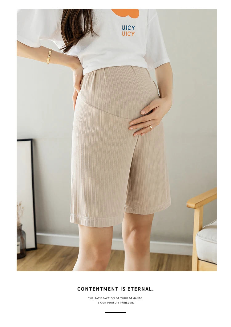 Summer Korean Style Pregnant Woman Ice Silk Shorts Knee-length Adjustable Waist Solid Color Maternity Wide Legs Straight Shorts