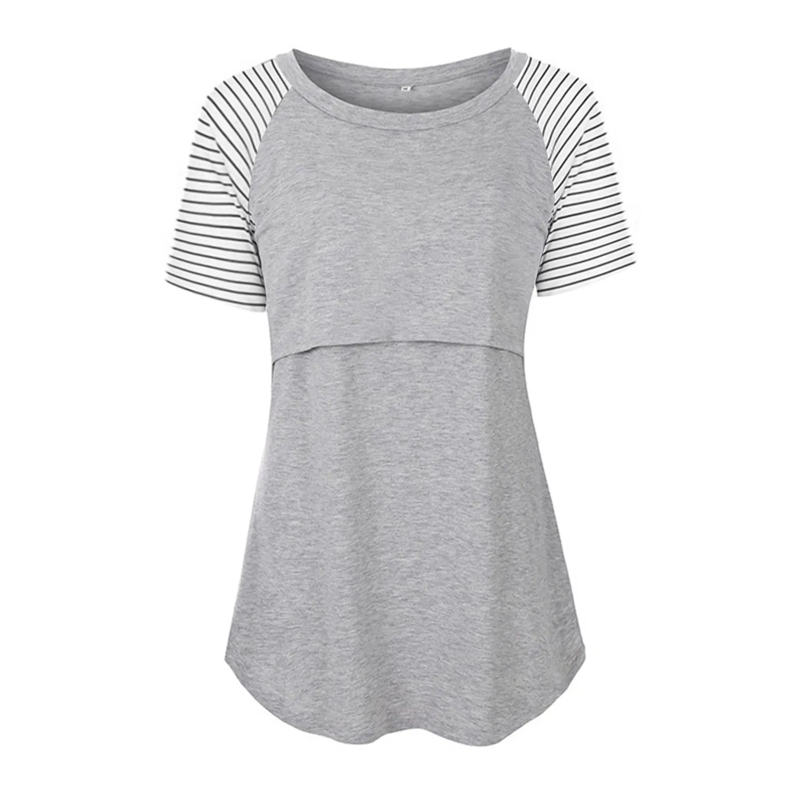 Women Maternity Short Sleeve Nursing Patchwork Color Tops Breastfeeding Blouse