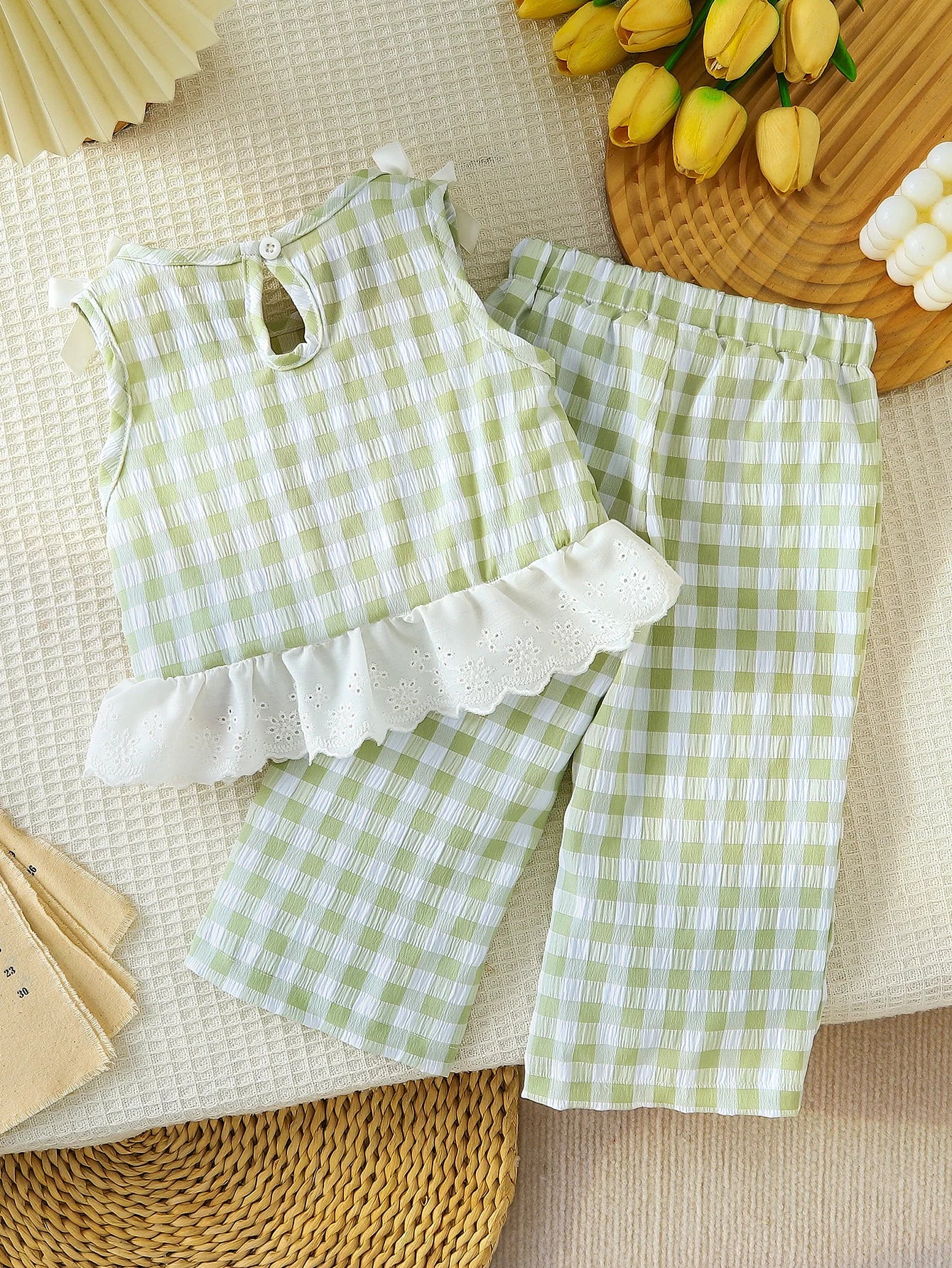 2pcs Summer Baby Girls Green Gingham Lace Trim Set, Cute Bow Top + Pants, Sweet Style, Daily/Outdoor Wear, 0-2Y, Breathable Fabr