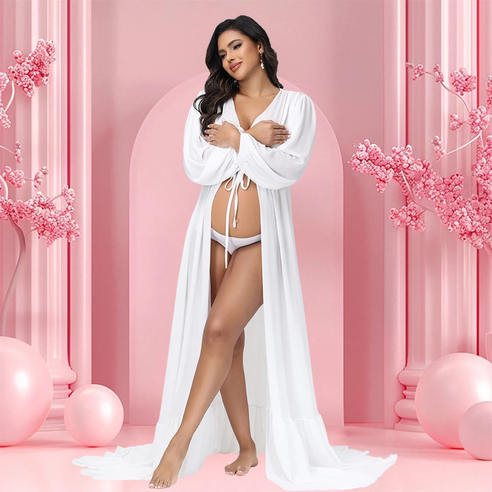 Maternity Chiffon V-neck Lantern Sleeves Slit Robe for Baby Shower Maxi Gown Photography Dress
