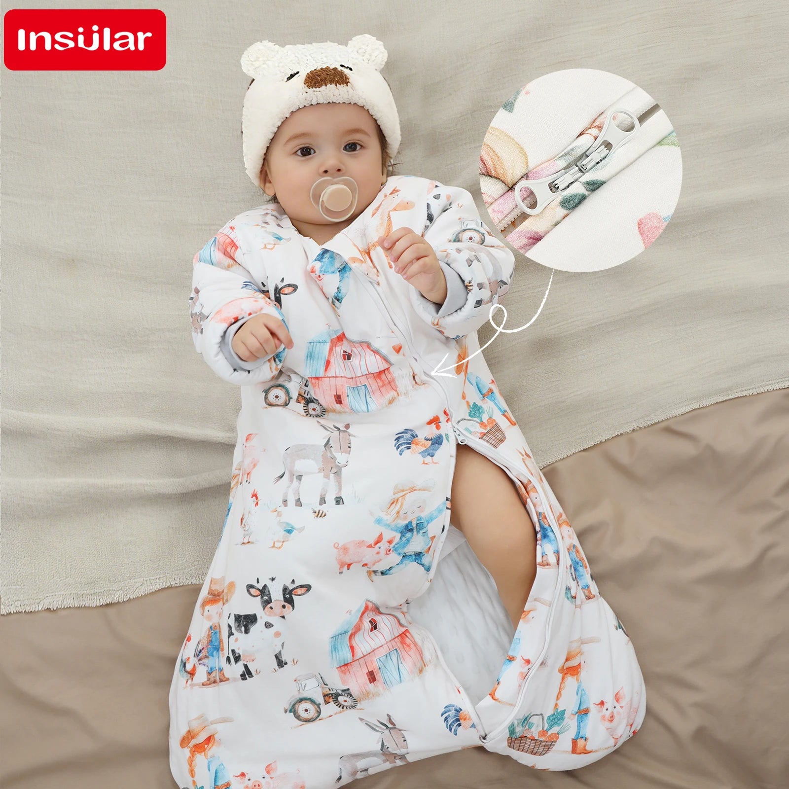 INSULAR Baby Cartoon Split-Leg Sleep Sack with Detachable Sleeves, 100% Cotton Thickened Winter & Autumn Toddler Sleeping Bag