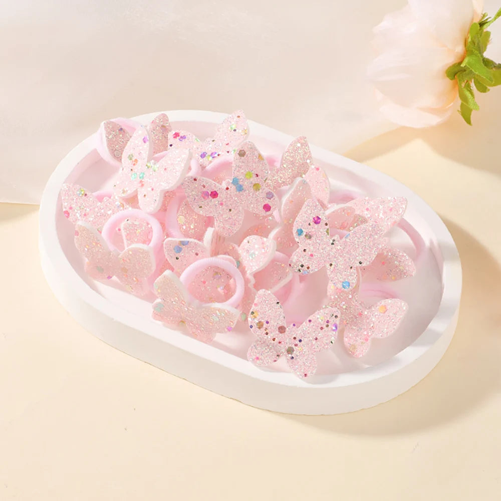 20Pcs/lot Sequin Butterfly Hairbands for Children No Harm To Hair Cartoon Towel Rope Girls Ponytail Holder Rubber Band Headwear