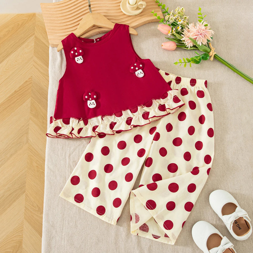 Children's Top and Bottom Clothes Set Summer Cute Cartoon Red Shirt with Comfortable Breathable Polka Dot Baby Girl Pants Outfit
