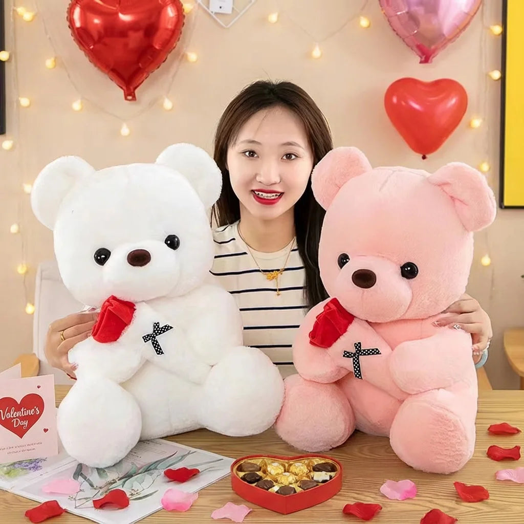 Wedding Rose Bear Plush Toy Cute Stuffed Animal Gift for Valentines Day Anniversary and Romantic Celebration Decor