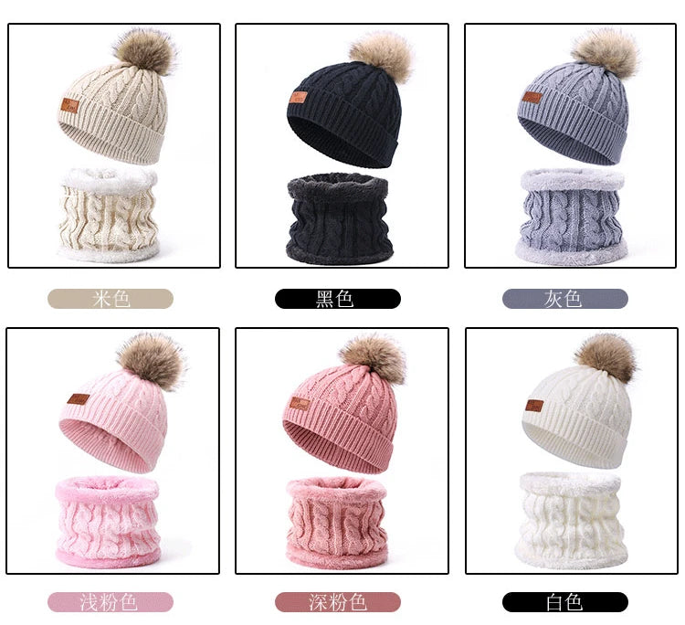 Winter Children's Scarf Hat Three-Piece Set with Pom-Pom Baby Infant Knitted Hat Warm Wool Thickened