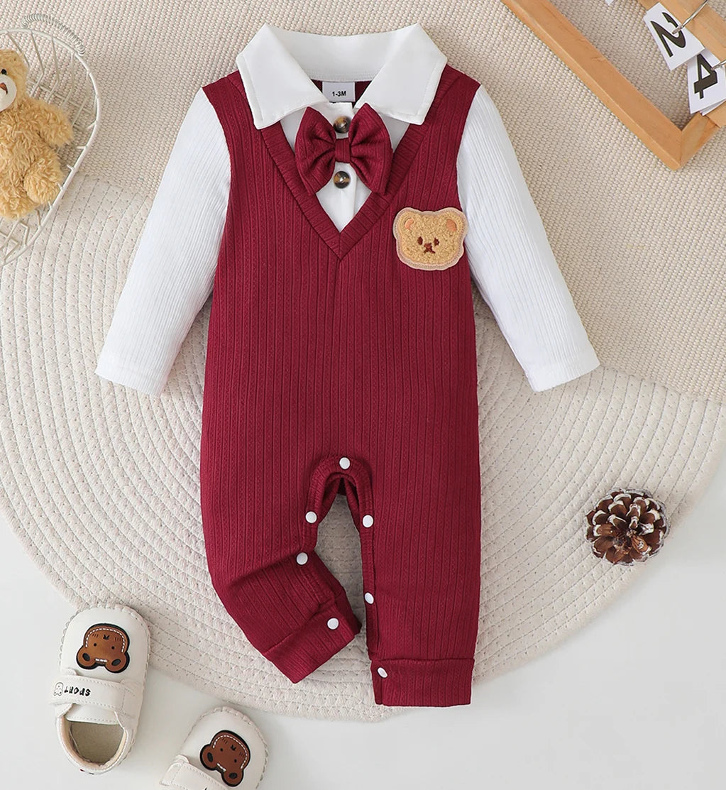 Newborn Baby boy Bodysuit lapel Bow College style Long sleeves Jumpsuit for 0-18 Months Baby Boys in Spring and Autumn Bodysuit