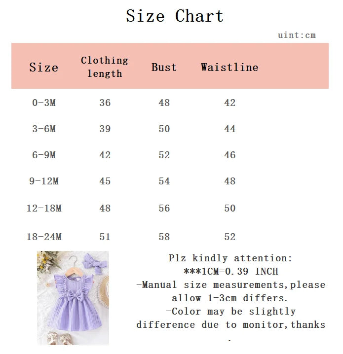 0-24 Months Cute Baby Girl Summer Dress Purple Ruffle Bow Princess Skirt+Headband 2Pcs Baby Clothing