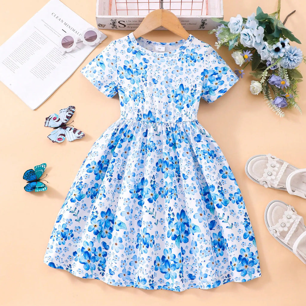 Children's girls' Round neck Blue Floral Short sleeved Dress Children's clothing 2-7 Year-old girls' Summer Casual Dress