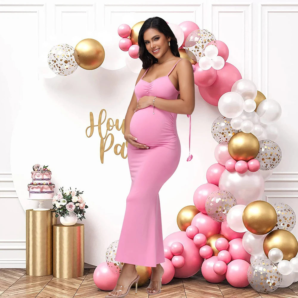 Maternity 3D Floral Decor Straps Summer Dress Photography Backless Bodycon Long Dress for Baby Shower Photoshoot