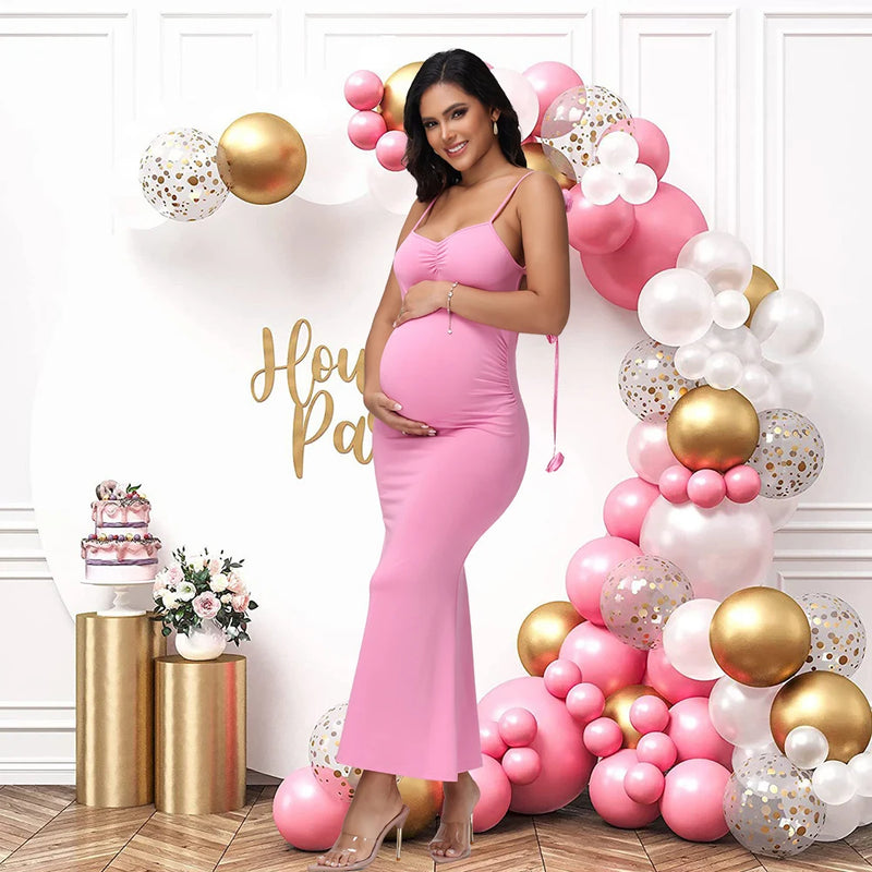 Maternity 3D Floral Decor Straps Summer Dress Photography Backless Bodycon Long Dress for Baby Shower Photoshoot
