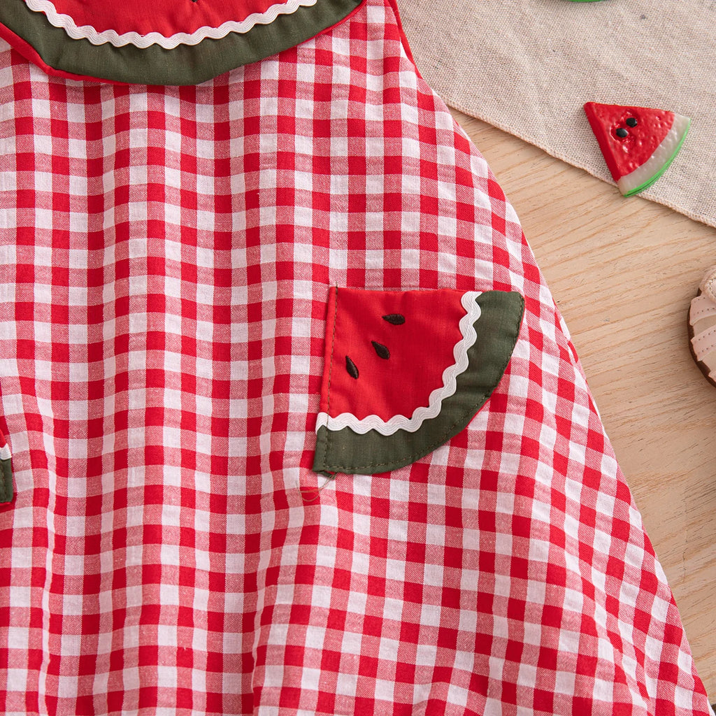 Baby Girl Dress Summer Cotton Solid Color Grid Watermelon Round Neck Sleeveless Girl Dress Cartoon Cute Beach Baby Girl Clothing