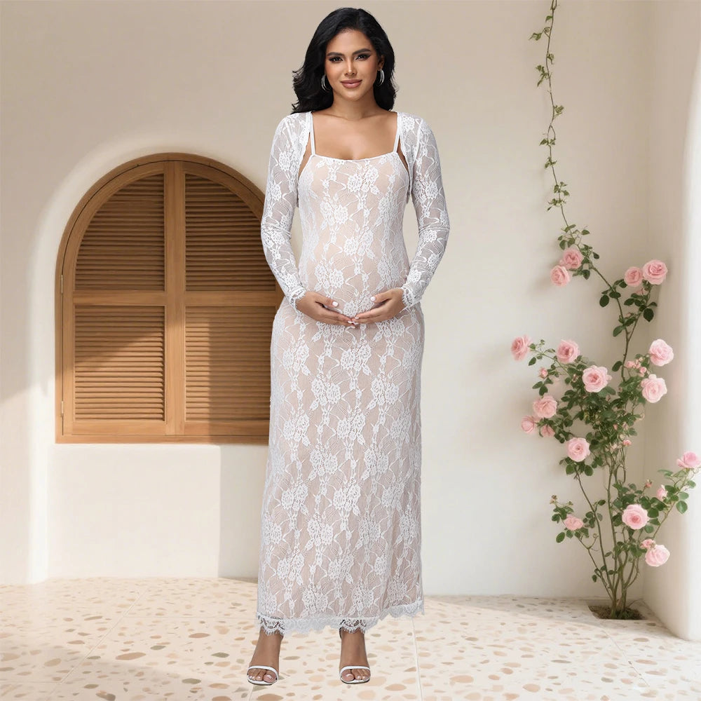 2026 Women's Maternity Long Sleeve Top & Spaghetti Strap Dress 2Pcs Photography Outfits Floral Lace Gown for Baby Shower Party