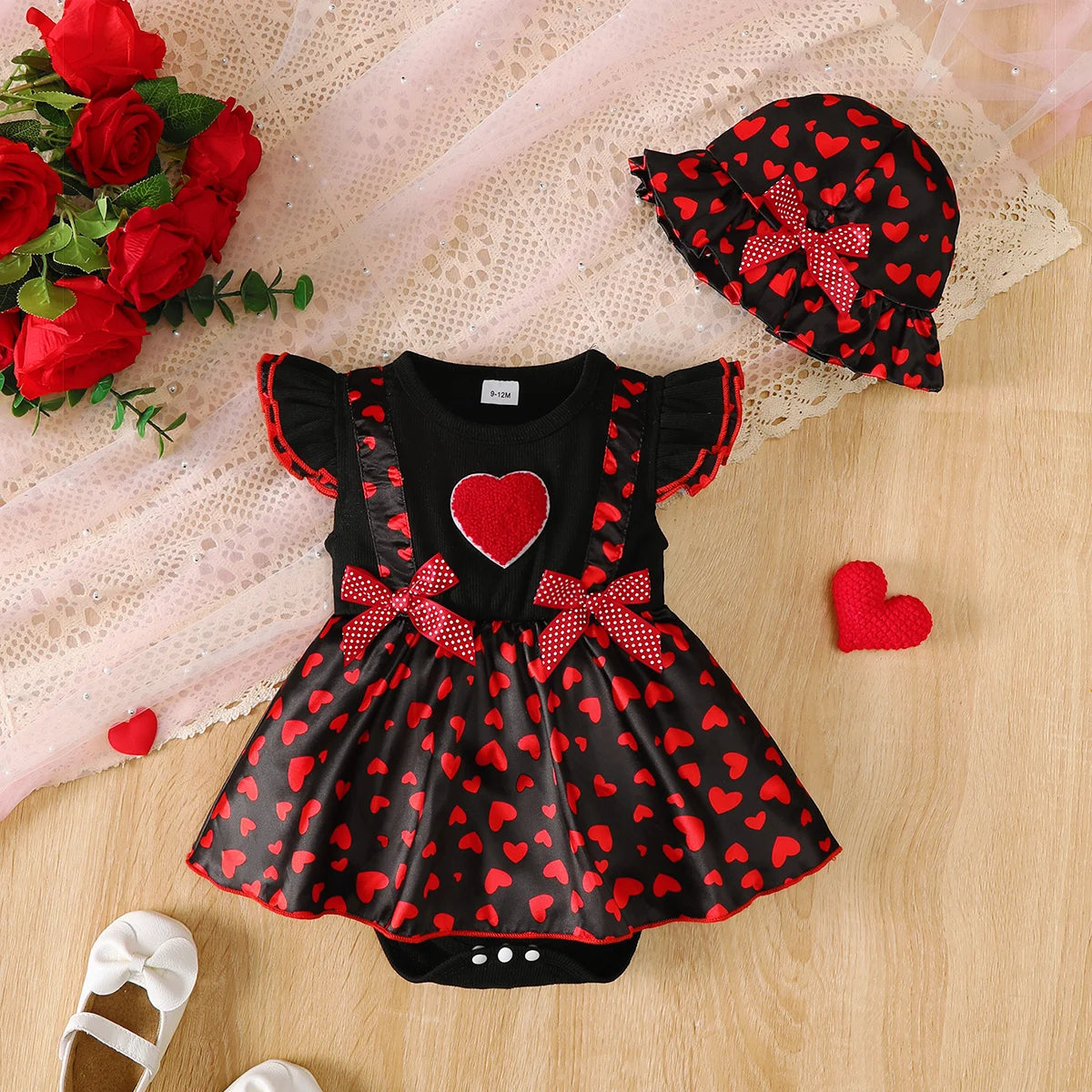 2Pcs Baby clothing Summer Baby Girl Dress with Love Printed Bow Flying Sleeve Dress and Hat for Cute Baby Girl 0-24 Months