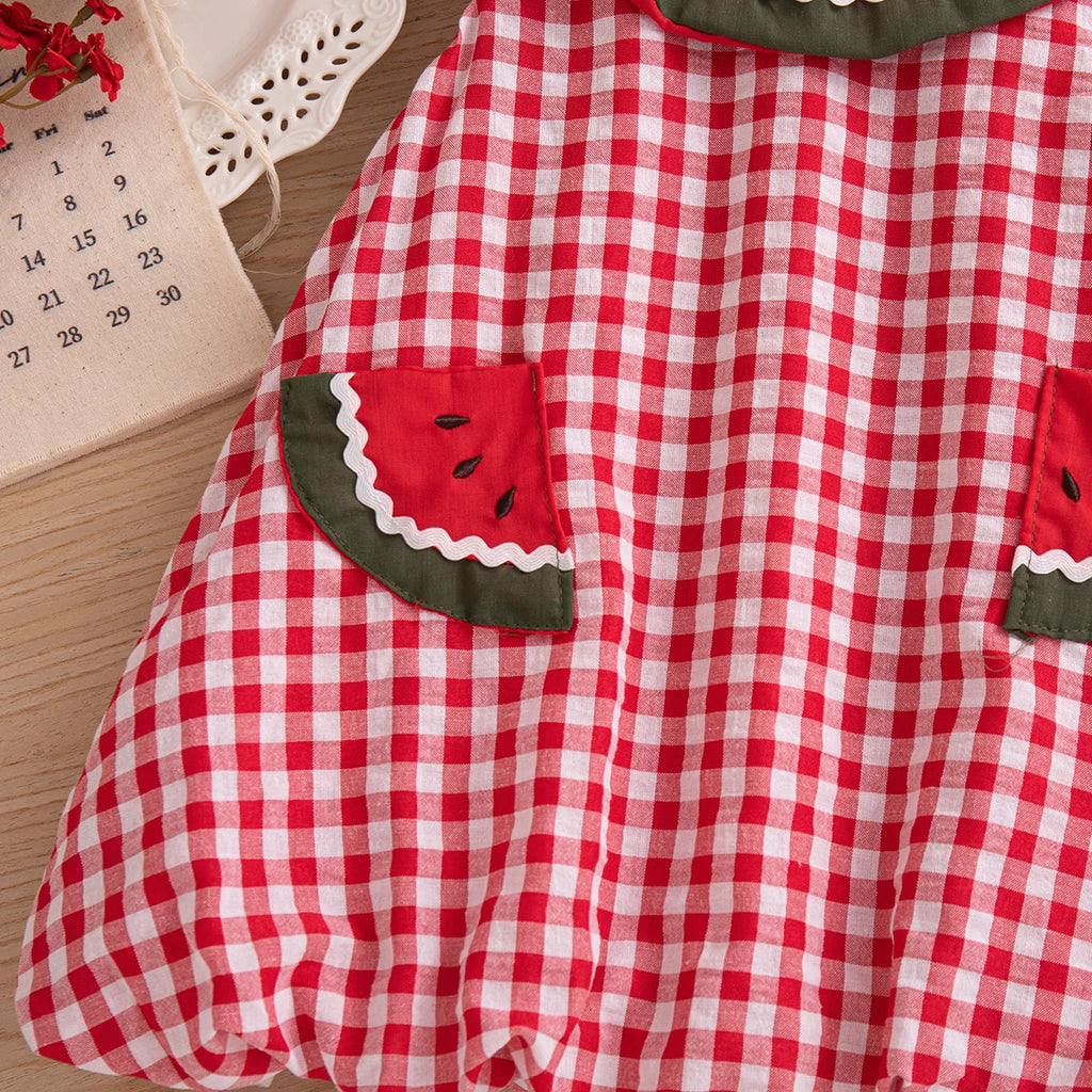 Baby Girl Dress Summer Cotton Solid Color Grid Watermelon Round Neck Sleeveless Girl Dress Cartoon Cute Beach Baby Girl Clothing