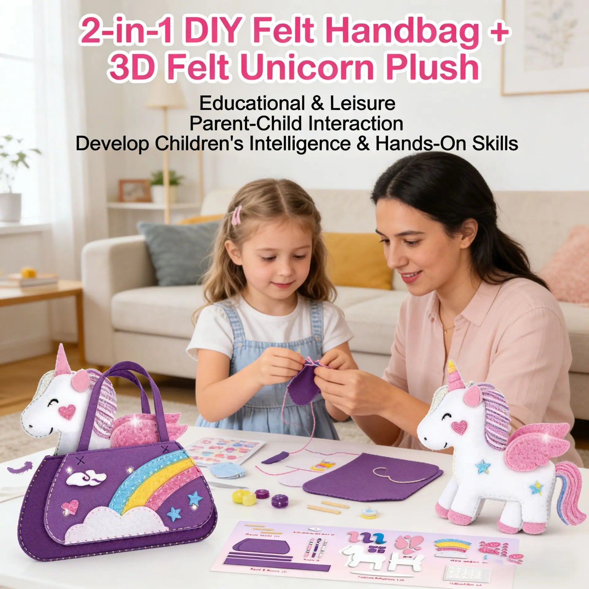 Art Craft Supplies, Learn to Sew Embroidery Kit for Unicorn Purse Bags Picture Frame Pen Holder, DIY Felt Craft Gifts