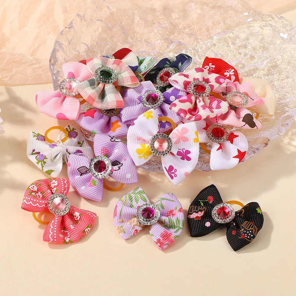 Random Color 20Pcs Mini Bowknot Hair Band for Girls Hair Accessories Dopamine Color Elastic Rubber Band Exquisite Gem Head Tie