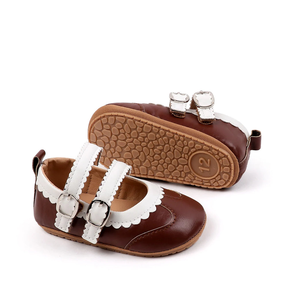 0-18 Months Infant Pre-walker Shoes, Scalloped Lace Trim Dual Buckle Strap Soft Non-slip Rubber Sole Indoor Baby Mary Jane Shoes