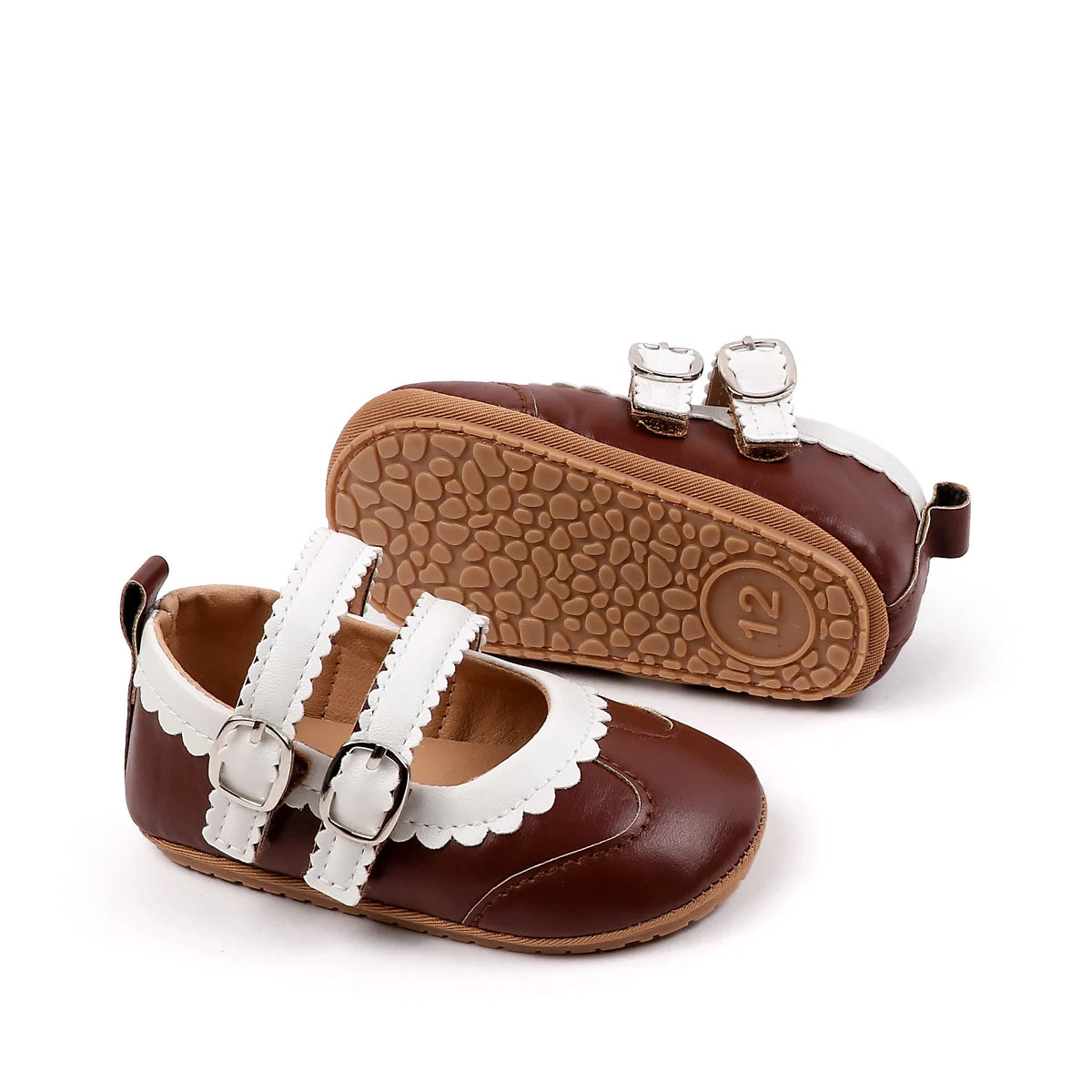 0-18 Months Infant Pre-walker Shoes, Scalloped Lace Trim Dual Buckle Strap Soft Non-slip Rubber Sole Indoor Baby Mary Jane Shoes