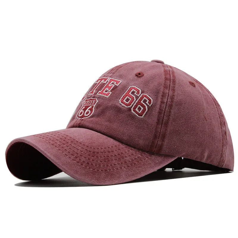 Summer New Pure Cotton Distressed Washed Baseball Cap66Highway Embroidered Duckbill Cap European and American Style Sunshade Hat