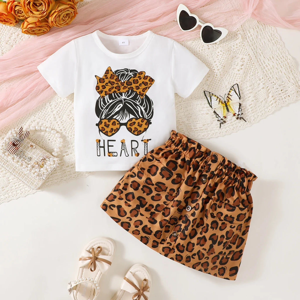 Summer 0-4 Years Old  Infant  Baby  Girls  Little Girl  Print  Top  And  Leopard  Print  Skirt  Casual  2-Piece  Set